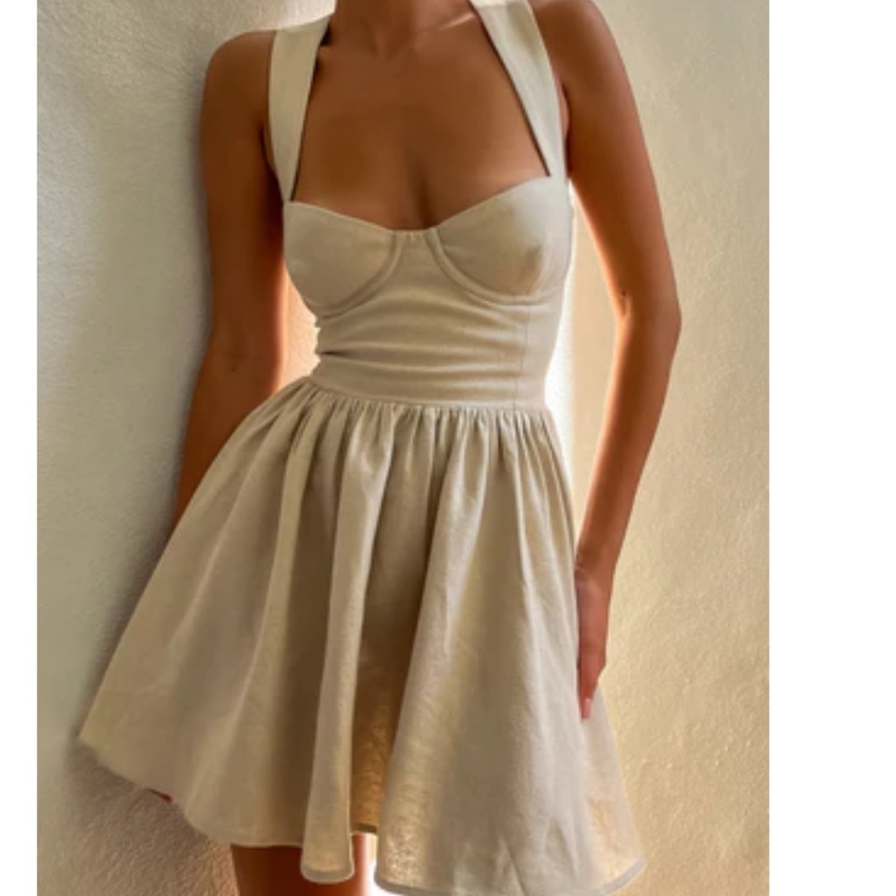MESHKI European Beige Strappy Mini Dress
